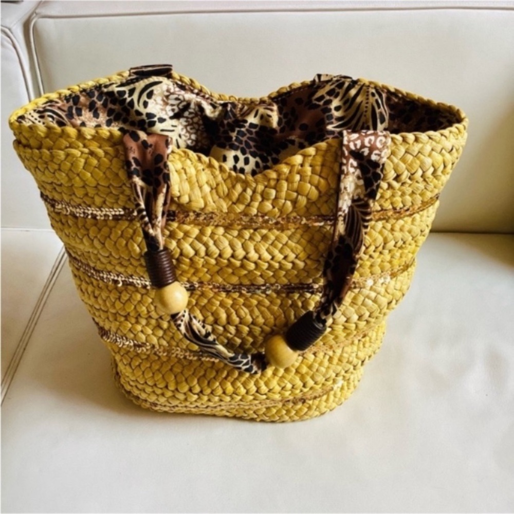 Style & Co. Macys Yellow Straw Sequins Beach Tote Bag